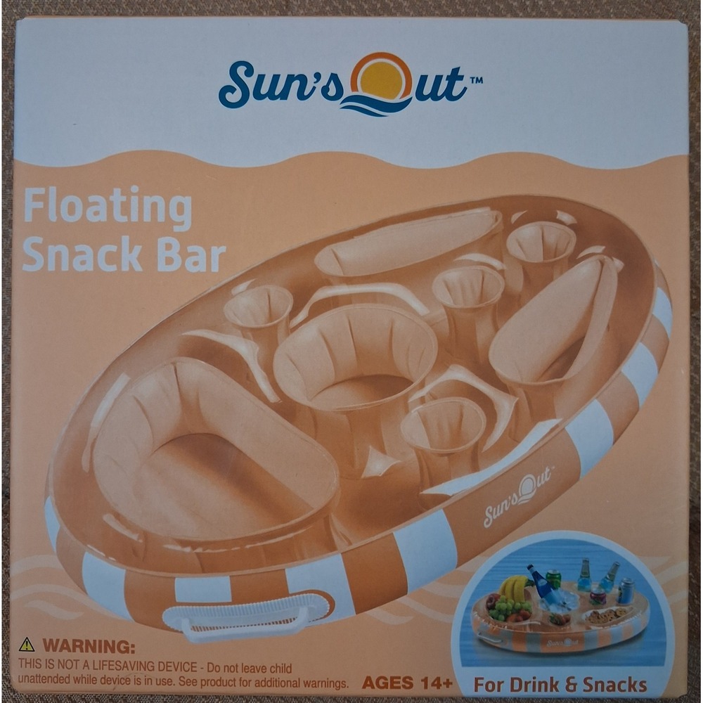 Suns Out Floating Snack Bar Inflatable Pool Drink Holder Cabana Stripe Orange